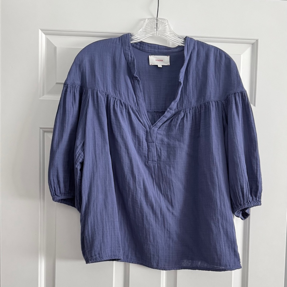 XiRENA Blue 3/4 Sleeve Blouse with Mandarin Collar